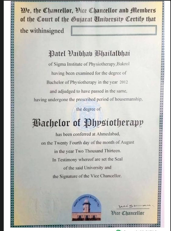 Bachelor of Physiotherapy degree certificate of Dr. Vaibhav Patel